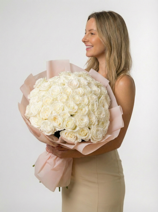 25 Premium White Roses Grand Bouquet