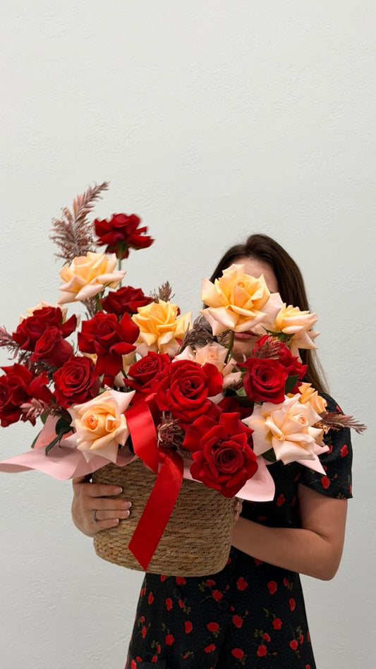 Blush & Red Roses in Woven Basket – Romantic Garden Collection