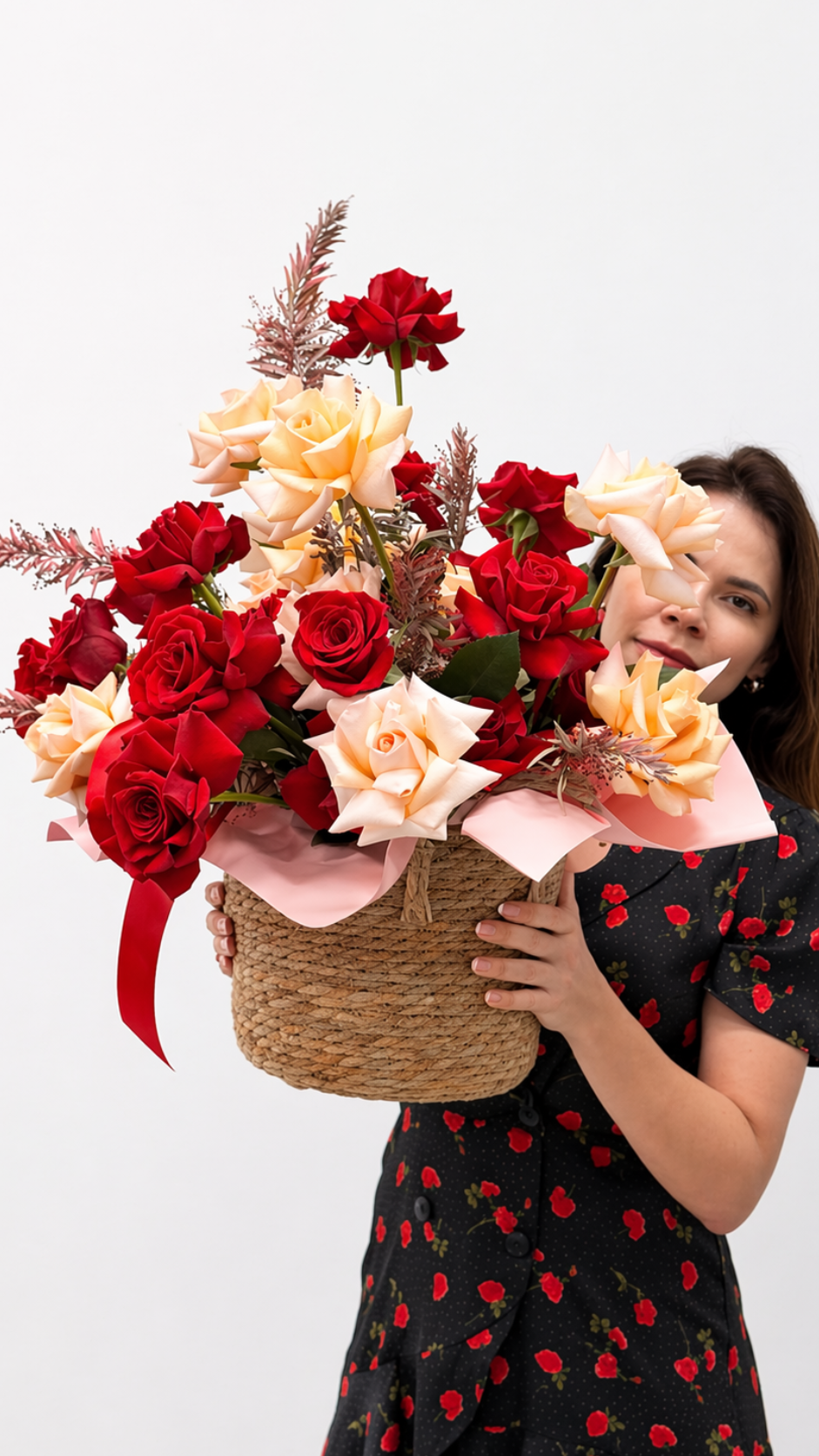 Blush & Red Roses in Woven Basket – Romantic Garden Collection