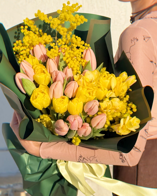 Golden Spring Whisper: Yellow Tulips & Mimosa Bouquet