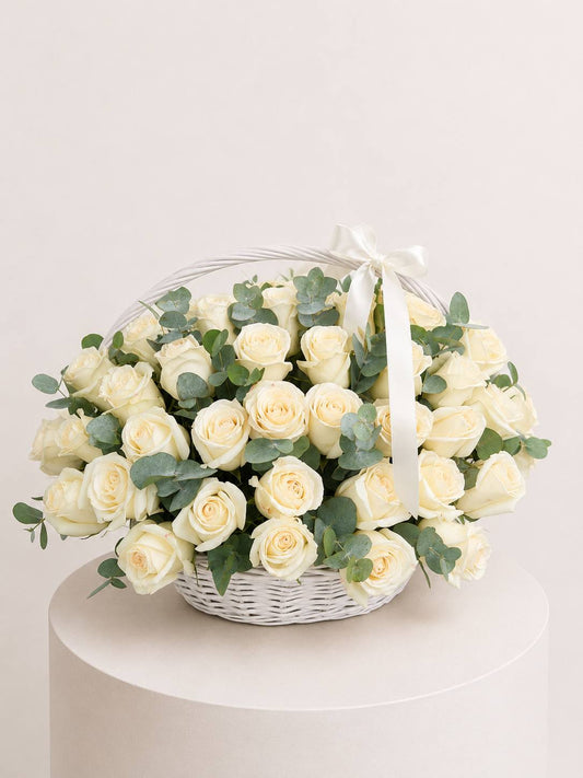 White Rose Garden Basket with lush greenery
