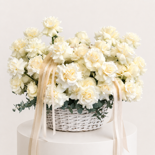 Belle Époque luxury flower basket with abundant blooms, woven basket and flowing ribbons