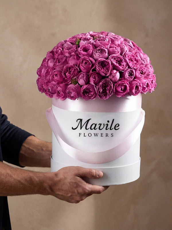 Pink Peony Roses in White Box