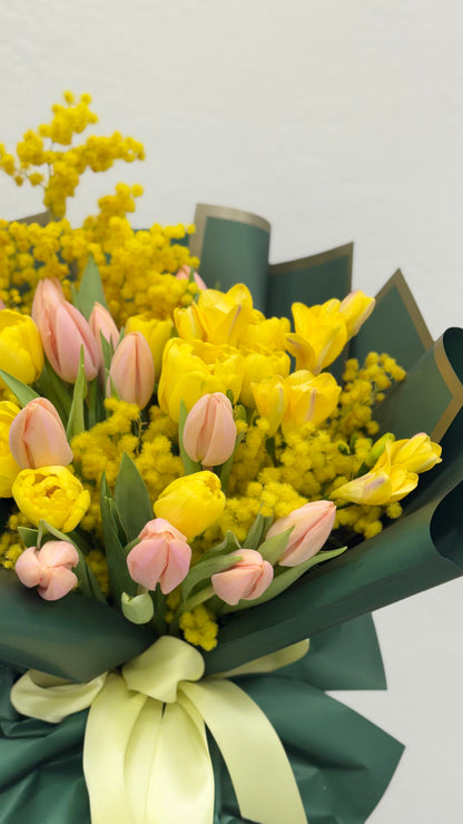 Golden Spring Whisper: Yellow Tulips & Mimosa Bouquet