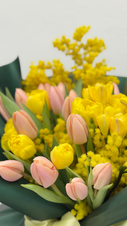 Golden Spring Whisper: Yellow Tulips & Mimosa Bouquet