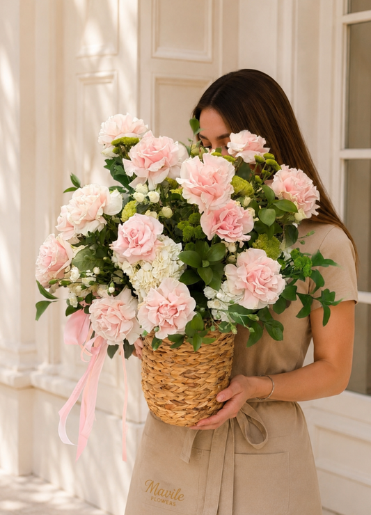 Luxury garden-style flower basket with lush seasonal blooms and greenery
