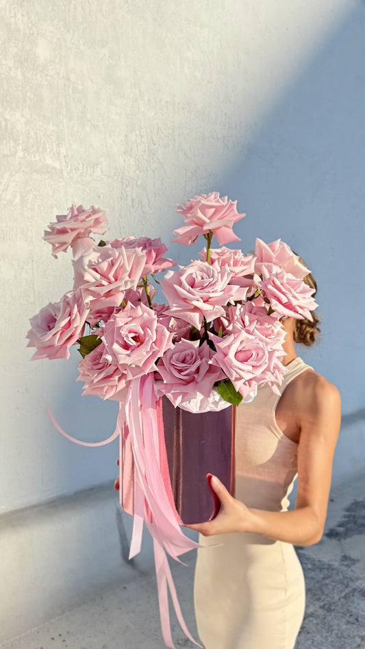 35 Open "Reflexed" Pink Roses in Mirror Box