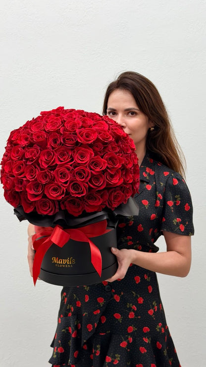 130 Red Roses in a Black Luxury Box – Mavile Flowers Signature