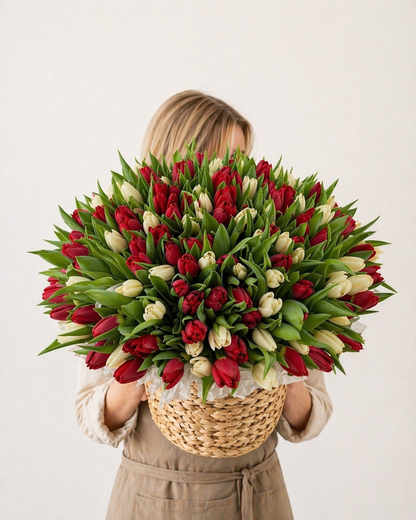 Luxury Red & White Tulip Basket