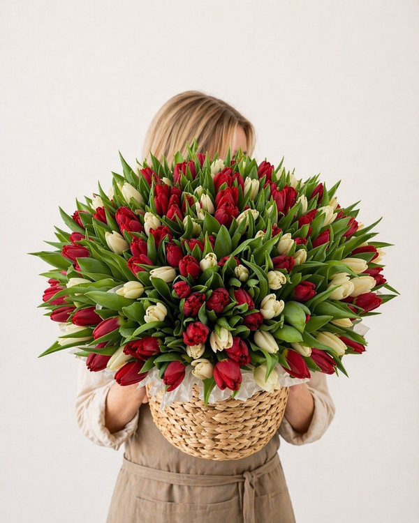 Luxury Red & White Tulip Basket