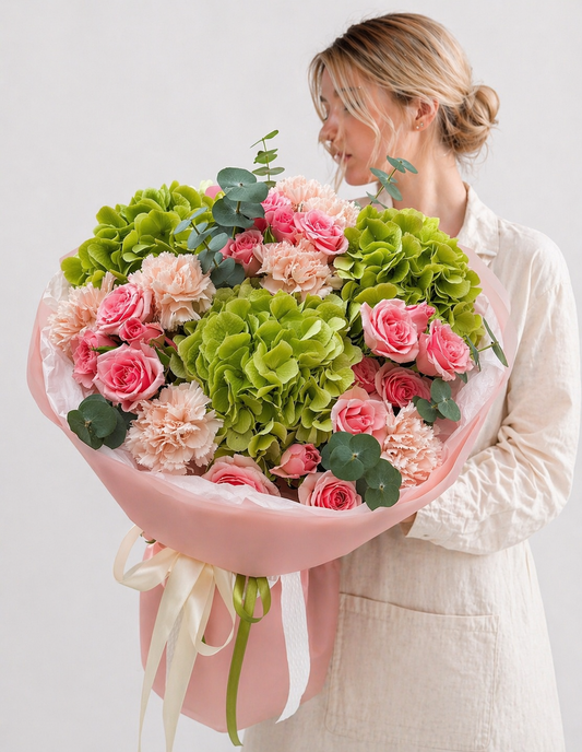 Green Hydrangea Blush Rose Bouquet — Verdant Blush