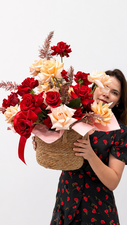 Blush & Red Roses in Woven Basket – Romantic Garden Collection