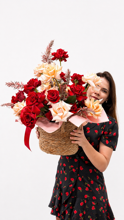 Blush & Red Roses in Woven Basket – Romantic Garden Collection