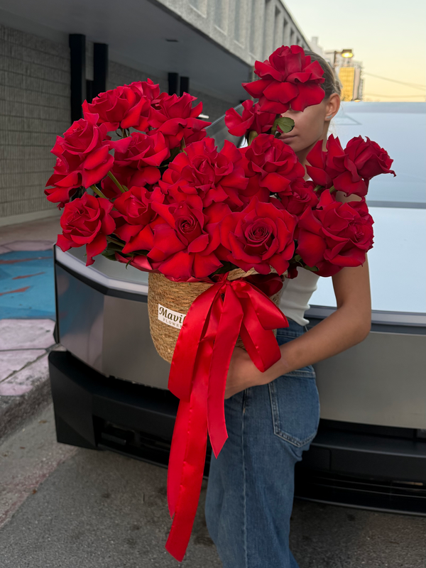 Grand Red Roses in Signature Woven Basket