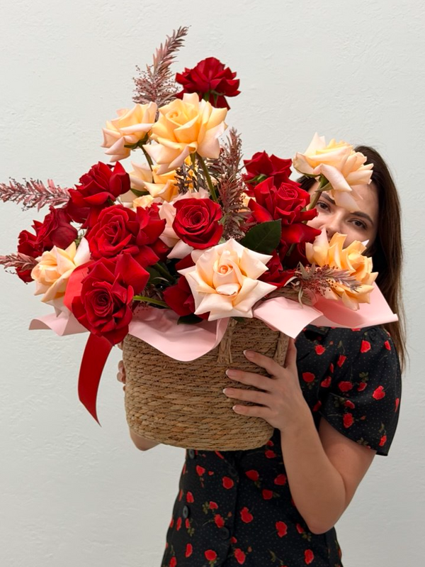 Blush & Red Roses in Woven Basket – Romantic Garden Collection