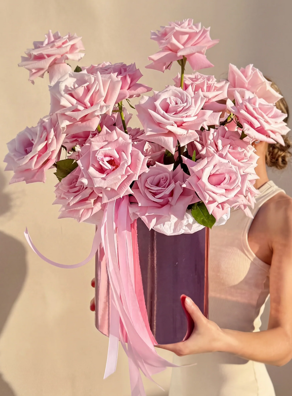 35 Open "Reflexed" Pink Roses in Mirror Box