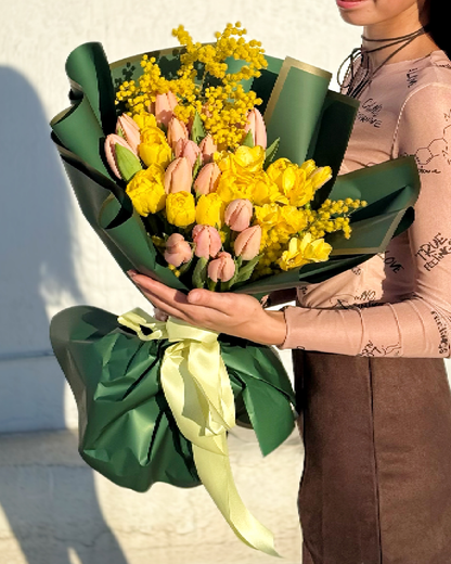 Golden Spring Whisper: Yellow Tulips & Mimosa Bouquet