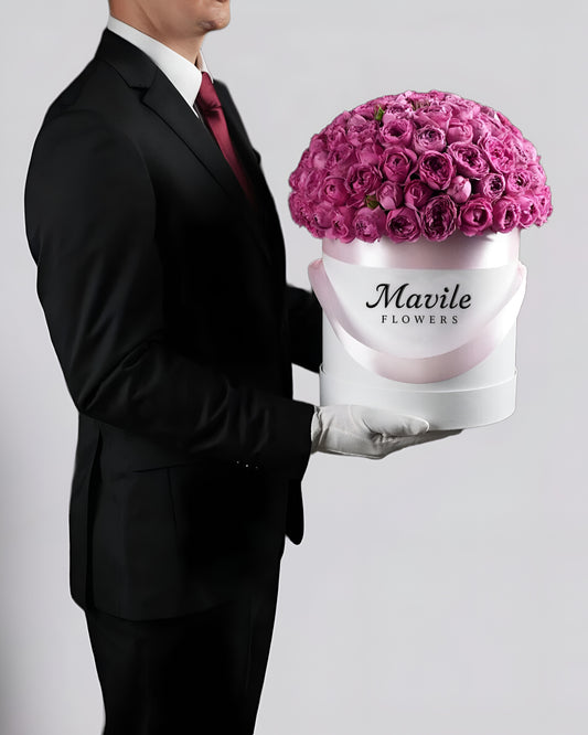 Pink Peony Roses in White Box